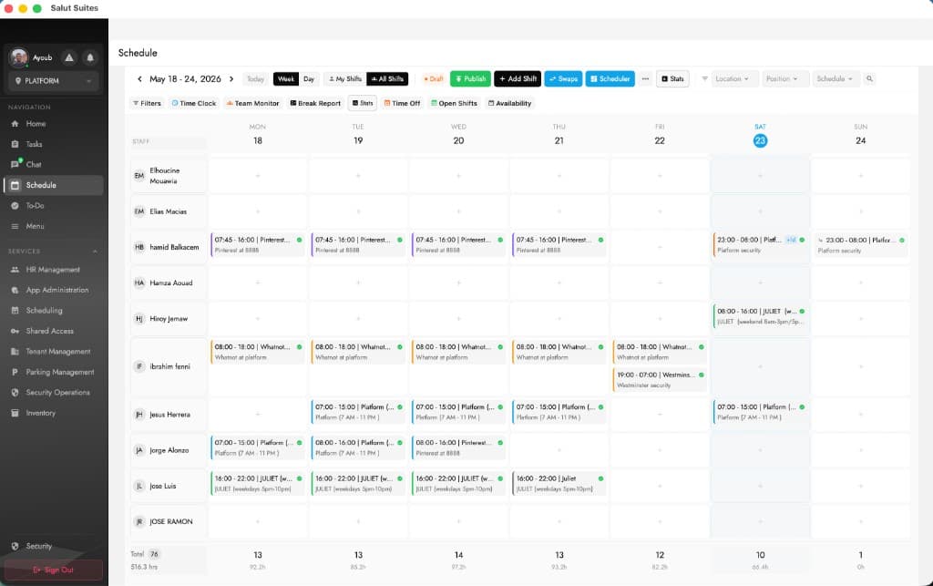 Salut Suites — scheduling dashboard and parking management mobile app — desktop